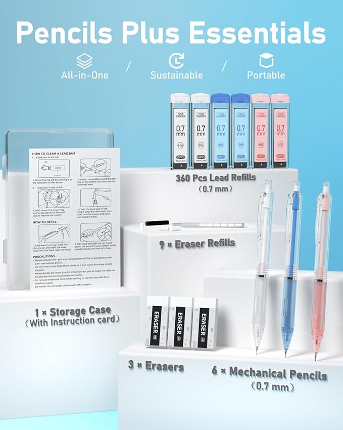 Four Candies Mechanical Pencil Set with Case, 3PCS Aesthetic Mechanical Pencils 0.7mm with 360PCS HB Lead Refills, 12PCS Erasers, Cute Mechanical Pencils for Writing, Drawing and Sketching