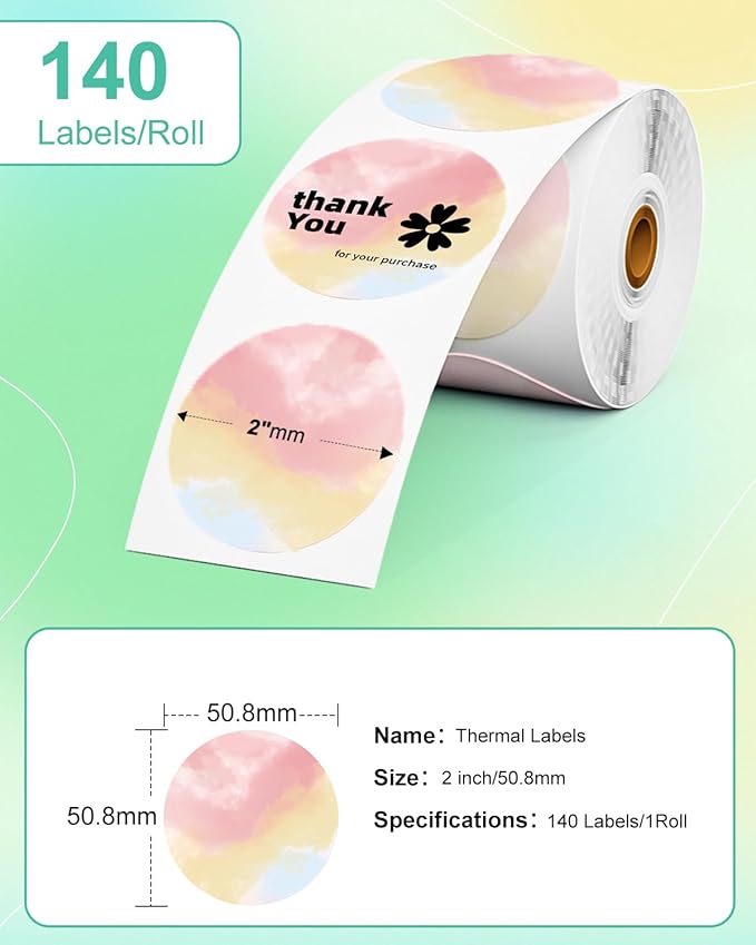 M110 Labels, Compatible with M100/M110/M120/M260/M220/M150/M421/241BT/243BT, 1.96" x 1.96"(50x50 mm), Thermal Circle Gradient Color Paper for Logo/Thank You Label/Small Business/,140 Pcs/Roll
