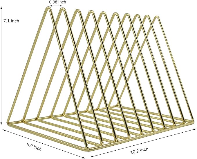 EASEPRES Gold File Holder Organizer, Triangle Record Album Holder Magazine Wire Rack, 9 Slot Multifunction Desktop Storage Decor for Home Office