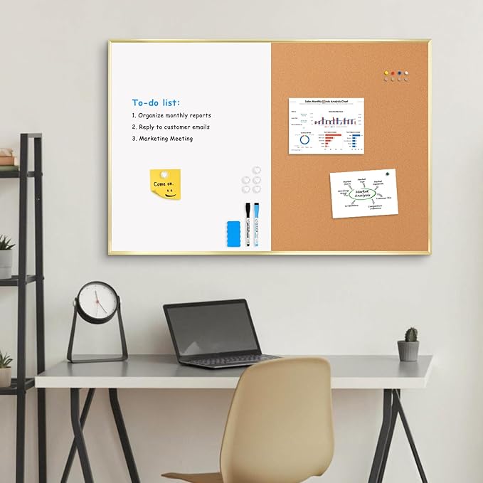 White Board Cork Board Combo, 36'' x 24'', Magnetic Dry Erase Board and Pin Board for Wall, Gold Aluminum Frame Bulletin Board for Home Office School with Accessories