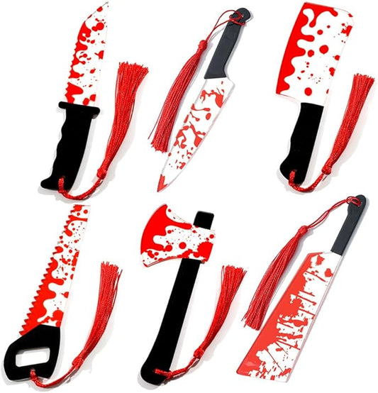 Horror Novelty Bookmark Set - 6 Creepy Tool Shapes with Blood Stain Design, Gothic Book Accessories for Halloween Gifts, Macabre Metal Page Holders with Red Tassels (6Pcs Tools of Terror)