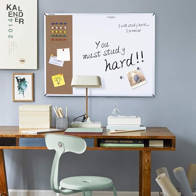 White Board & Cork Bulletin Board, 24" X 18", Combination Dry Erase Board & Cork Board, Vision Board for Home, Office, School - Includes 6 Magnetic Markers, 1 Eraser, 2 Strong Magnets and 10 Pins.…