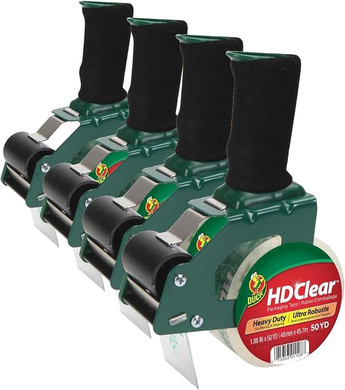 Duck HD Clear Packing Tape Dispenser Heavy Duty Packaging Tape Gun for Packing Boxes,Shipping and Moving - Includes 1 Refill Roll of HD Clear 1.88 in. x 50 Yards - Foam Handle (287398),(Pack of 4)