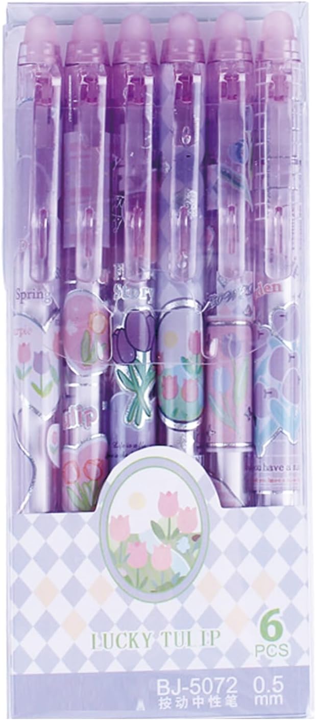 MOZXIRZ 6 Pcs Erasable Gel Pens Retractable Pens Cute Tulip Flower Pen 0.5mm Fine Point Black Ink Writing Pen Office School Pens Women Girls (Black Ink-Tulip)