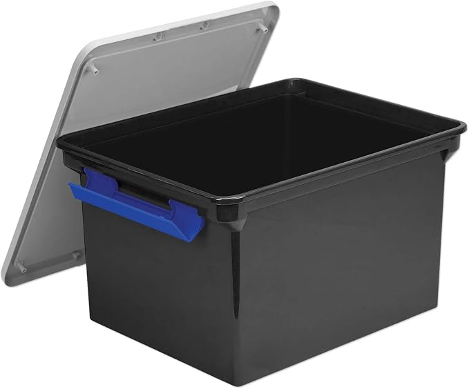 Storex 61543U01C Portable File Tote w/Locking Handle Storage Box Letter/Legal Black/Silver