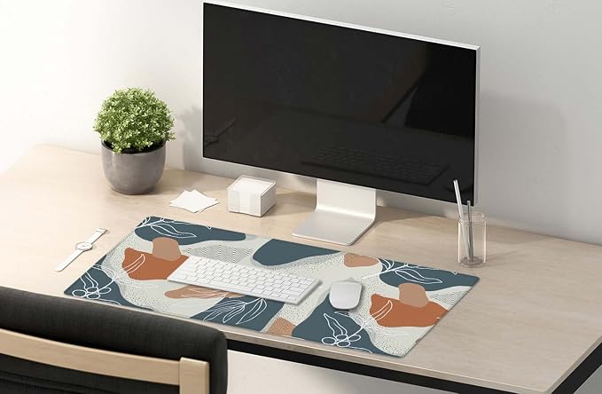 SSOIU Extended Gaming Mouse Pad (35.5x15.7 in), Large Stable Rubber Base Mousepad with Stitched Edges, Keyboard Mouse Mat Desk Pad for Work, Game, Office, Home - Abstract Flowers and Leave