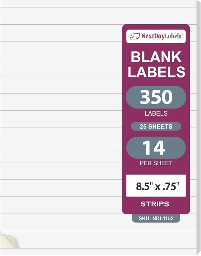 NextDayLabels 8.5x0.75 Inch Strip Stickers White Blank Labels for Laser Inkjet Printer - 14 Per Sheet Self-Adhesive Unique Size Label Made in USA - 350 Labels