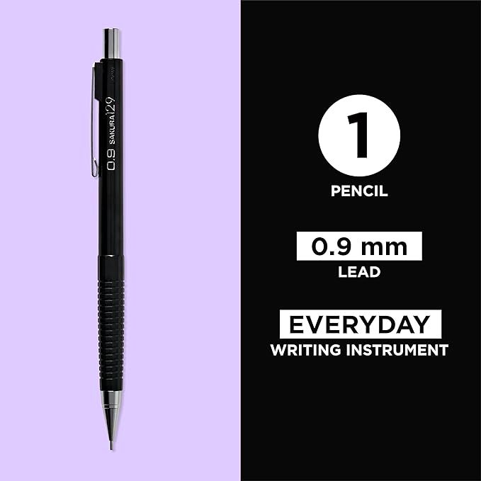 SAKURA 50299 Mechanical Pencil Fixed Sleeve 0.9-mm with 3 Erasers, Black