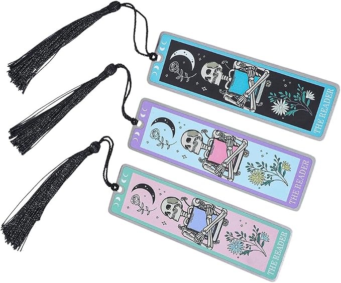 3Pcs Unique Skull Reader Bookmark - Metal Bookmark with Black Tassel, Star and Rose Pattern, Engraved “THE Reader” for Dark Gothic Lovers, Women Readers Fantasy Gift Gothic Gift (3PCS C)