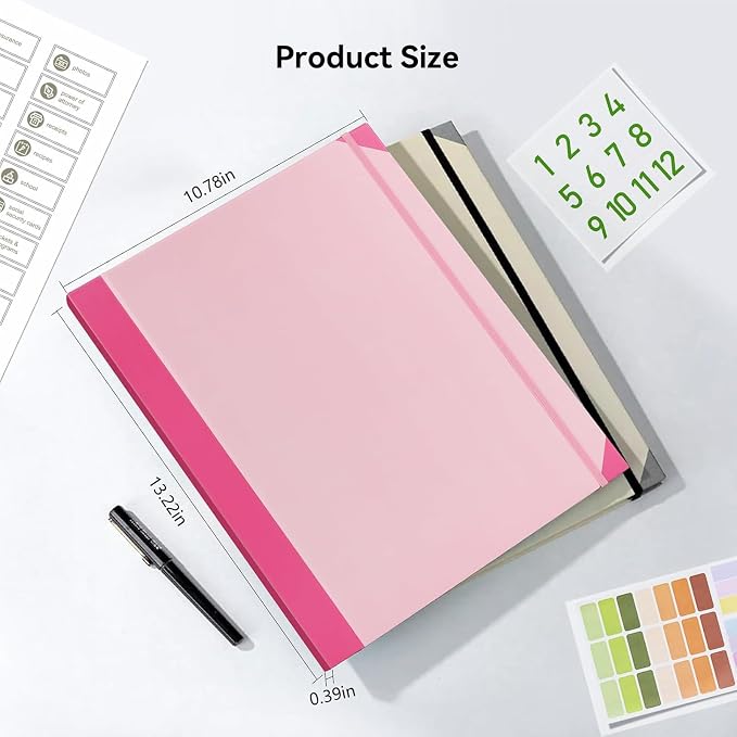 Important Document Organizer, File Folder with Labels and 12 Pockets, Expanding Storage Folder for Family Emergency Binder, Life Binder Organizer for Photos and Letters, Pink
