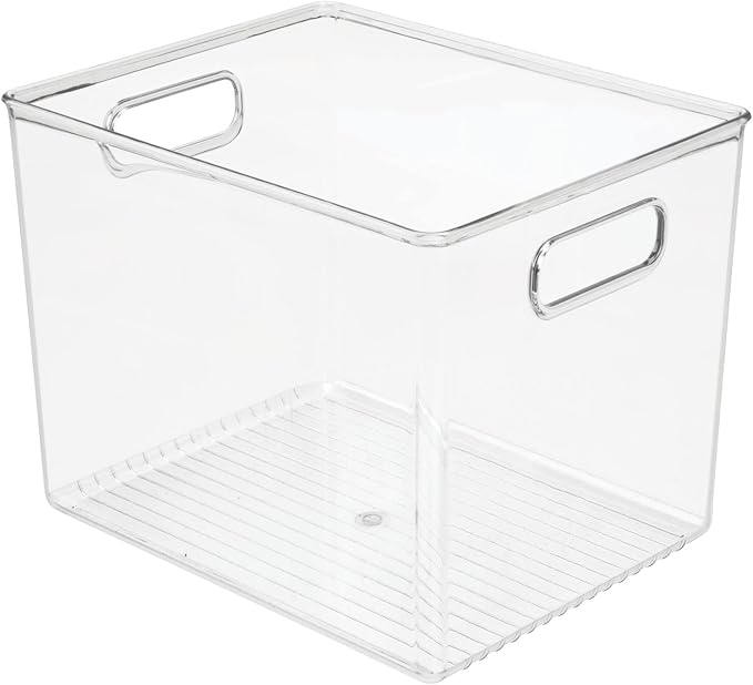 mDesign Tall Deep Rectangular Plastic Office Supplies Storage Organizer Bin with Carrying Handles - Pads, Pens, Pencils, Dry Erase Markers, Highlighters, Sticky Notes, Ligne Collection, 4 Pack, Clear