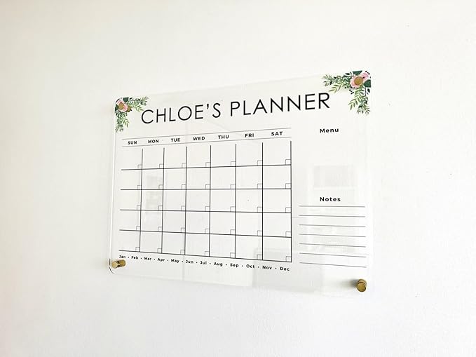 Custom Floral Acrylic Wall Calendar 2026 - Personalized Family Planner, Wall Organizer, Dry Erase Monthly Wall Planner Board with Marker