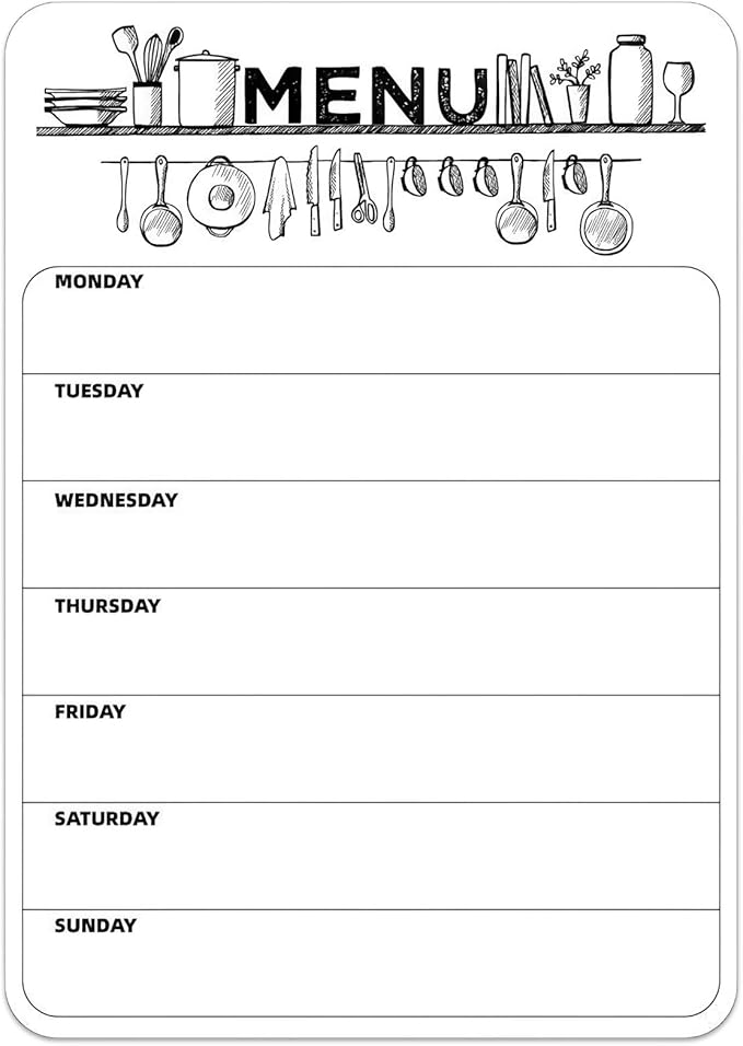 Magnetic Weekly Meal Planner for Refrigerator, 8x12'' Dry Erase Menu Board, Stain Resistant Whiteboard, Strong Magnetic Backing, Ideal for Families, Students, Roommates, Notes, Grocery Lists (A)