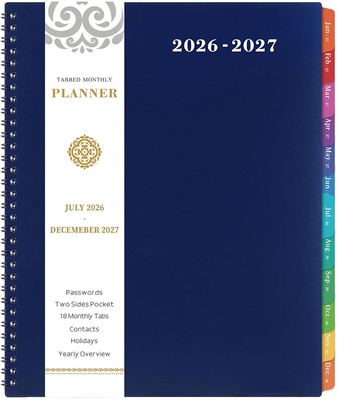 2026-2027 Monthly Planner - JUL 2026 - DEC 2027, 2026-2027 Planner, 18 Monthly Planner with Tabs & Pocket & Label, Contacts and Passwords, 9" x 11", Thick Paper, Navy