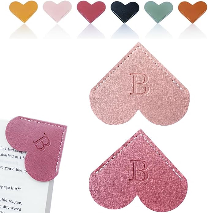 Personalized Leather Heart Bookmark, 26 Letters Customized Corner Book Mark for Reading Women, Book Marker with Initials，Cute Gifts (Light Pink+Deep Pink, B)