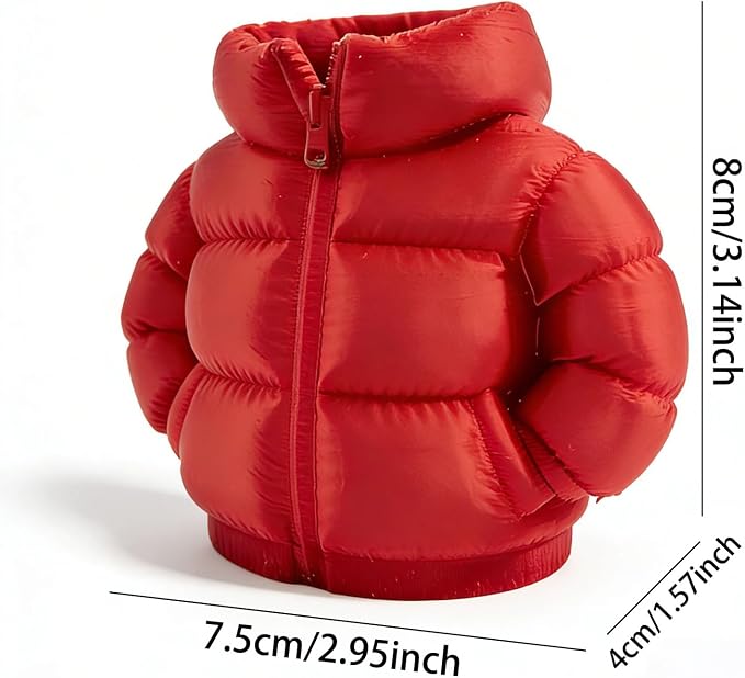 YOKUSHI Down Jacket Pen Holder, 3D Printed Funny Puffer Jacket Pencil Holder, Creative Desk Organizer for Office Supplies, Cute Unique Stationery Holder for Desk, Quirky Gift for Women Men (Red)