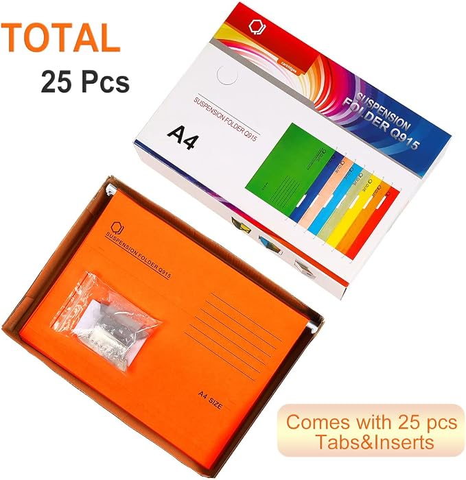 A4 Hanging File Folders, 25 Pcs Recycled Card File Folders for Filing Cabinet with Tabs and Card Inserts, Hanging Files Storage Folders for Office and School, Orange
