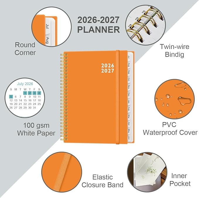 2026-2027 Planner - Planner 2026-2027 from July 2026 to June 2027 with 12 Monthly Tabs, Flexible Cover, Inner Pocket, 8.5" x 11", Orange-C