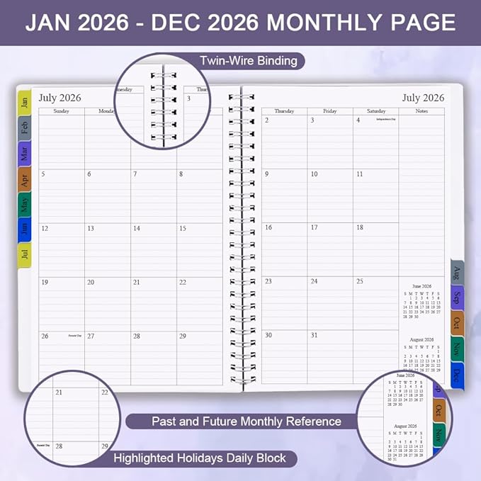 2026 Planner - Weekly & Monthly Planner Runs Jan 2026 to Dec 2026, 6.25" x 8.25", 12 Monthly Tabs, 14 Notes Pages, Inner Pocket, Flexible Cover with Twin-Wire Binding, Planners 2026 (Purple, 6.25" x 8.25")