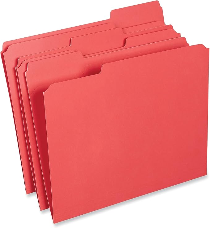 Universal 16163 Colored File Folders, 1/3 Cut Assorted, Two-Ply Top Tab, Letter, Red, 100/Box
