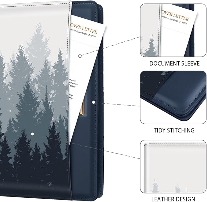 Padfolio/Resume Portfolio Folder for Women Men, WAVEYU Cute Chic Padfolio Cover Folder, Conference/Legal Document Organizer with Letter/A4 Size Clipboard, Document Sleeve, Forest Pattern