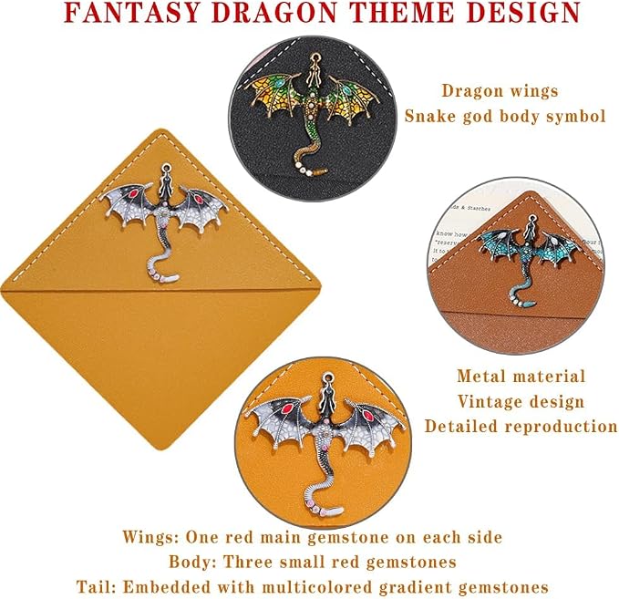 3PC Fantasy Dragon Leather Metal Bookmark,Fourth Wing Corner Bookmarks,Book Marks for Reading Women Book Lovers Book Accessories (Dragon A)