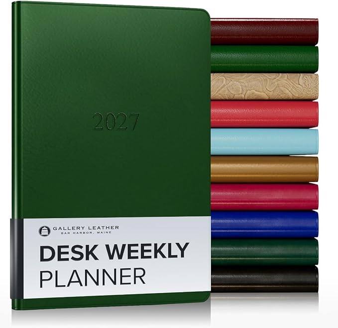 Gallery Leather Desk Weekly Monthly Planner 2027, Elegantly Bound Calendar Planner and Notebook with Stylish Gold-Gilded Page Edges, 12 Months - Freeport Metallic Hunter - 8x5.5"
