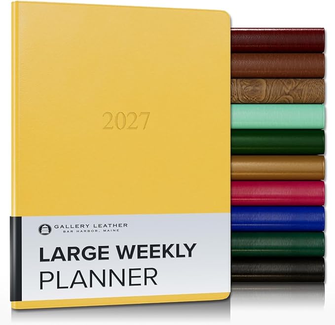Gallery Leather Large Weekly Monthly Planner 2027, Elegantly Bound Calendar Planner and Notebook with Stylish Gold-Gilded Page Edges, 12 Months - Caribbean Yellow - 9.75x7.5"