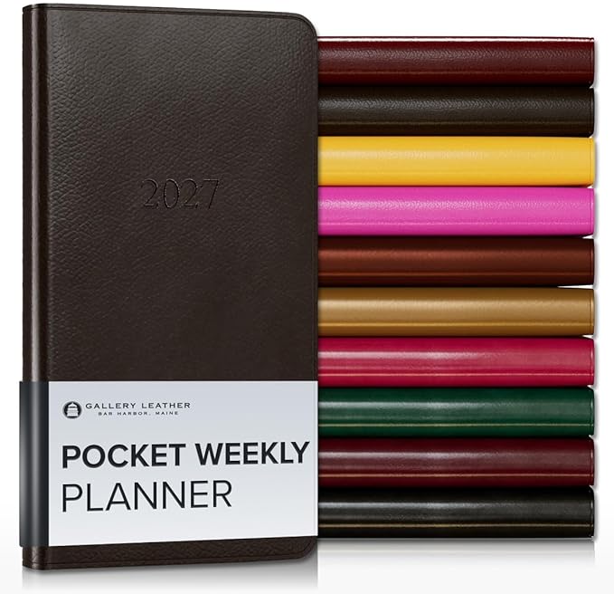 Gallery Leather Pocket Weekly Monthly Planner 2027, Elegantly Bound Calendar Planner and Notebook with Stylish Gold-Gilded Page Edges, 12 Months - Monhegan Cocoa - 6x3.25"