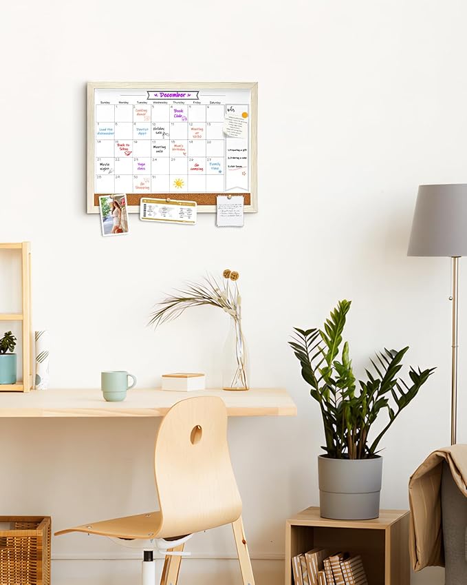 Dry Erase Calendar Whiteboard for Wall, Small Combination Magnetic Dry Erase White Board & Bulletin Board, 13" x 17"，White Frame Calendar/Cork Combo Board(WH-3343)