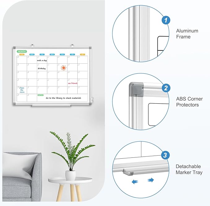 Dry Erase Board Calendar for Wall, 24" x 18" Magnetic Whiteboard Calendar, Monthly Calendar Whiteboard for Wall, Double-Sided Hanging Aluminum Frame White Board for Home, School, Office