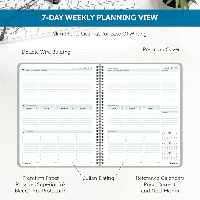 Planner Pad Spiral Bound July 2026 – June 2027 / Academic Year 8 1/2" x 11" 3-Tier Funnel Down 12 Month Large Size Organizer, Greenish Grey Cover/Soft Green Ink