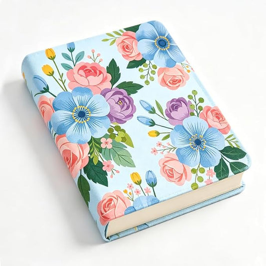 Blue and Pink Flowers Patern Stretchable Book Cover 15.7"x9.8", Elastic Washable Book Protector for Hardcover Textbooks Paperbacks, Reusable Polyester Book Sleeve for Women