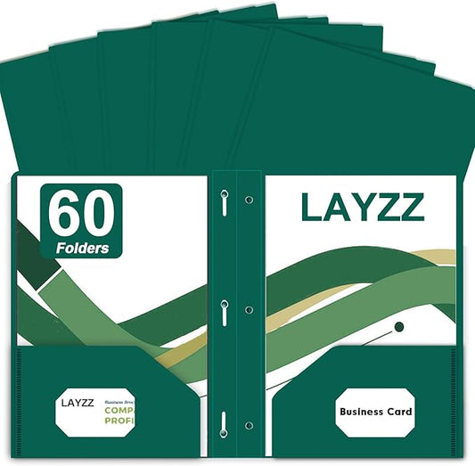 Two Pocket Folders with Prongs, LAYZZ 60 Pack Poly Plastic Folders, Heavy Duty Plastic Folders with Pockets and Prongs, Letter Size, for Offices and Schools (Green)
