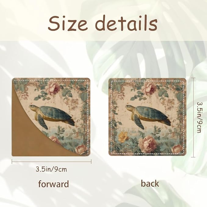 2PCS PU Leather Bookmarks 3.5x3.5 Inch Turtle Floral Garden Design | PU leather bookmarks for books with turtle floral garden design for nature journals, reading clubs and animal lovers.