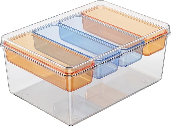 MOSSRIVER 5 Pack Clear Drawer Organizer Set, Plastic Desk Organizer Bin with Lid & Trays, Colorful Storage Box with Removable Trays for Cosmetics, Jewelry, Bedroom, Bathroom, Office, Combo 08
