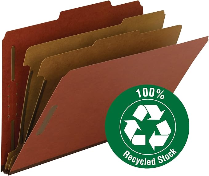 Smead, Value Filing, 100% Recycled Pressboard Classification File Folder, 2 Dividers, 2" Expansion, Legal Size, Red, 10 per Box
