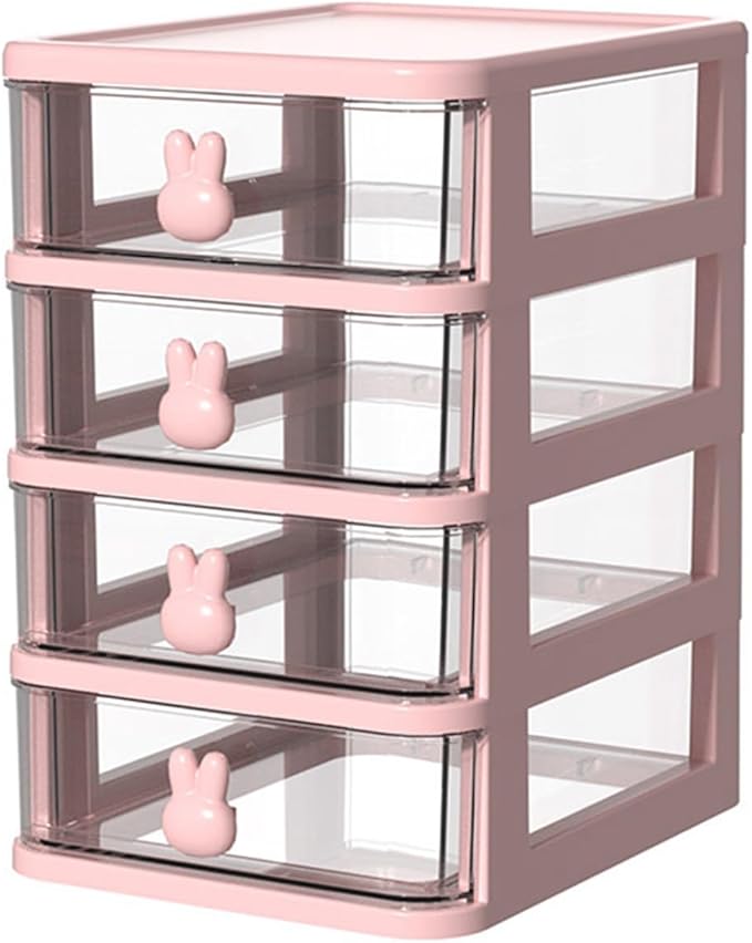 ZJchao Plastic Drawers Organizer Plastic Storage Drawer Desk Drawer Organizer Multi Tier Large Capacity Transparent with Bunny Handle for Office Supplies Books Pens (Pink)