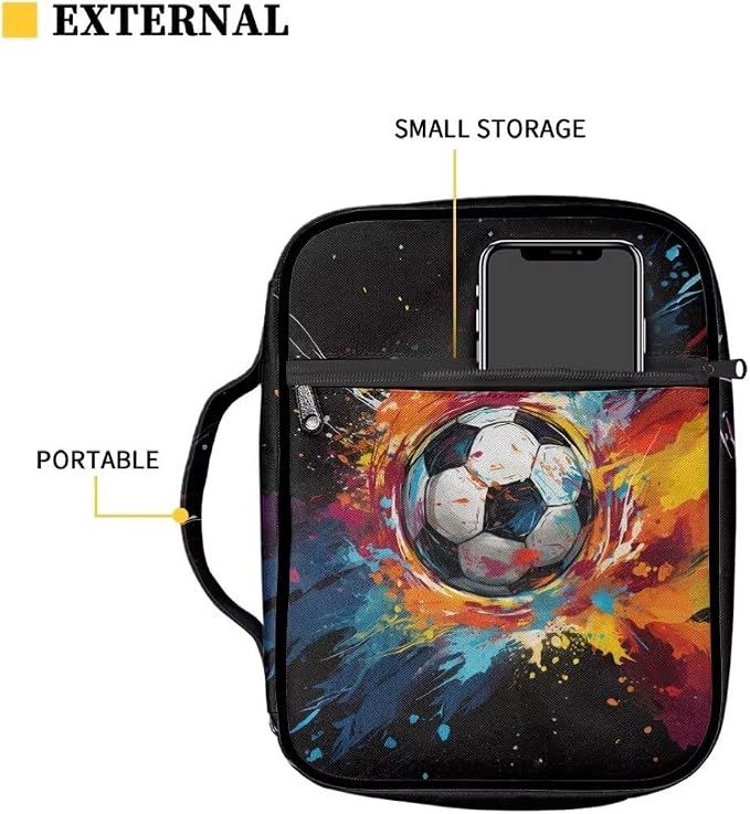Coldinair Color Splatter Soccer Bible Cover for Kids Boy Bible Case Bible Carrier Carrying Organizer Purse Handbag with Zipper Pockets Church Bag