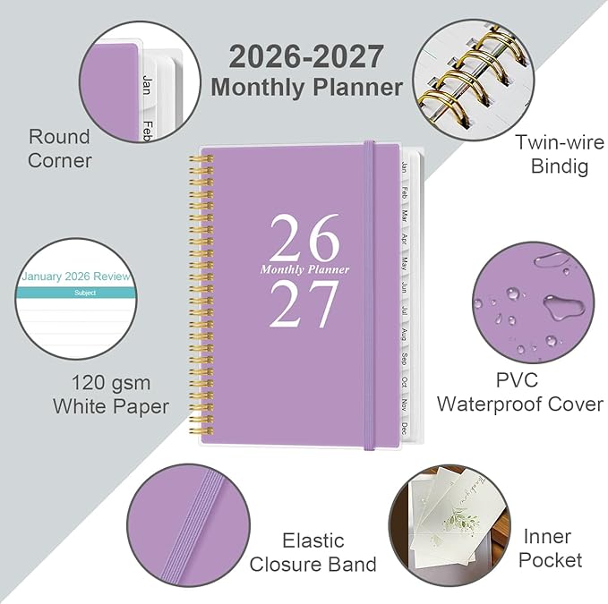 2026-2027 Monthly Planner - January 2026 - June 2027, Two Pages Per Month, 18 Monthly Calendar/Planner with Tabs, Inner Pocket, 6.4" x 8.5", Purple