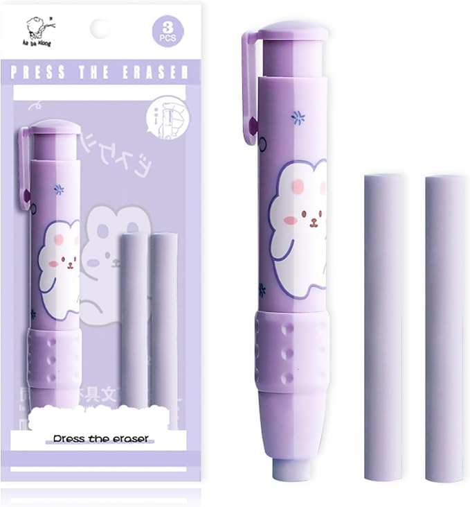 Cute Pencil Erasers, Kids Retractable Erasers with Refills, Standard Pen-Style Erasers, Fun Click Erasers, Kawaii Japanese Stationery Supplies (Purple)