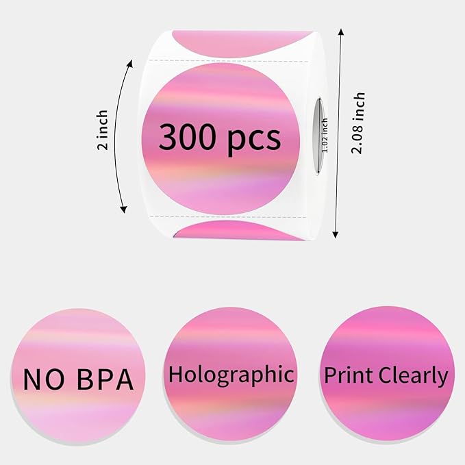 STARLIBOO 2 Inch Round Holographic Thermal Label Stickers, Glitter Circle Thermal Printer Sticker Labels, Self-Adhesive Direct Labels for Gift Wrapping- Pink Gradient Color