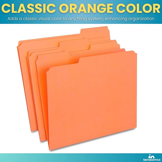 1InTheOffice Orange File Folder, Durable Folder, File Folder Letter Size, 1/3 Cut Assorted Tab, 24 pcs (24)