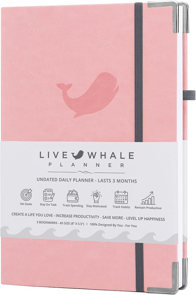 Closeout Edition Live Whale - 90 Day Organizer Mindfulness Journal for Busy People - Pink Personal Scheduler for Goal Setting | Focus with Notes & Journaling | Goal Setter Journal (Pink/Grey)