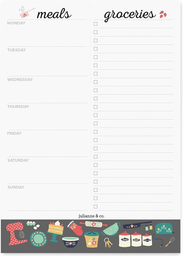 Weekly Magnetic Meal Planner Notepad By Julianne & Co - Food Planning Grocery List Pad, Premium A5 Pages Lasts 1 Ful Year with Tear Away Perforated Shopping List (Kitchen Print WITH Fridge Magnet)