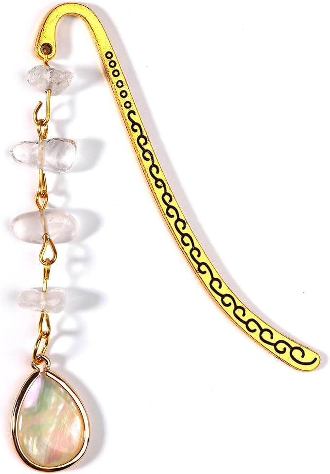 Vintage Metal Bookmark Pendant with Opal Drop Shell&White Quartz Crystal Stones Bead Chain–Elegant Opal Bookmarks for Women,Men,Book Lovers,Teachers and Girls(Gold)