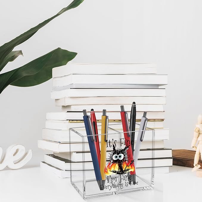 It's Fine I'm Fine Acrylic Cosmetic Pencil Pen Holder Funny Black Cat Pen Holder Cup Sarcastic Gifts for Cat Lover Women Men Colleague Boss Decor for Home Office Desk Accessories