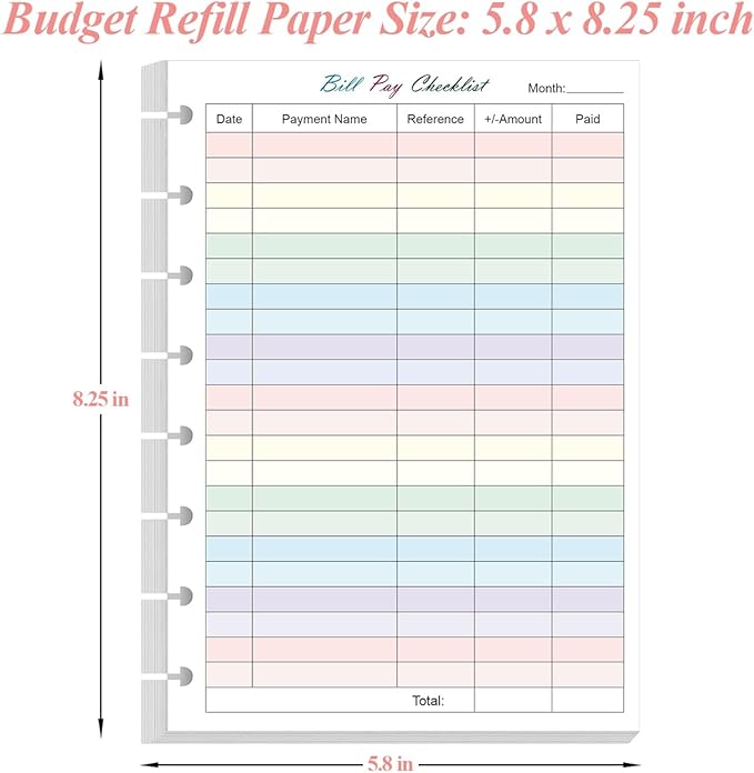Junior Size Payment Checklist Refills - 50 Sheets/100 Pages Colorful Monthly Budget Forms for 8-Disc Discbound Planners, 100 gsm White Paper, 5.8" x 8.3"