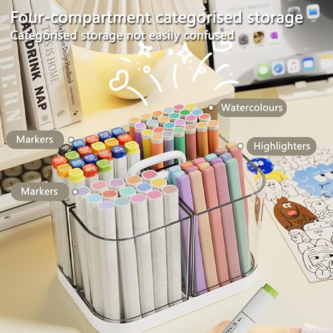Hggzeg Pen Holder with Handle and Base, Stackable Transparent Desk Caddy 4 Compartments, Plastic Cosmetics Storage Organizer, for Art Supplies, Crafts, Colored Pencils, Stationery, Markers (White)