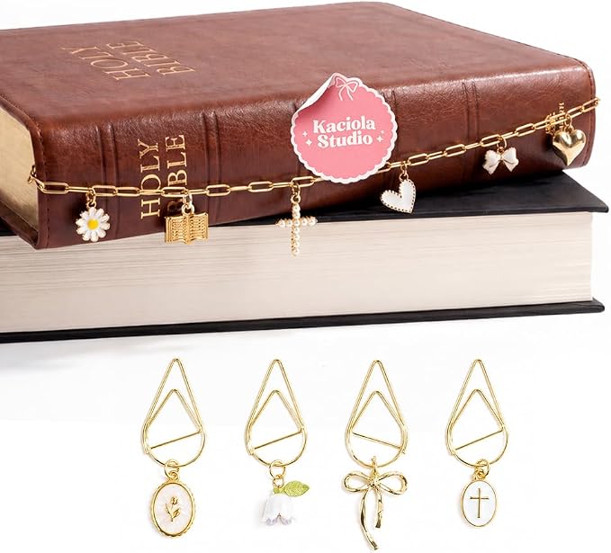 Kaciola Bible Charms Chain with 4PCS Planner Charms for Bible Study, Book Spine Bookmark, Journal Accessory, Unique Faith Jewelry Gift for Women (SJ-01)